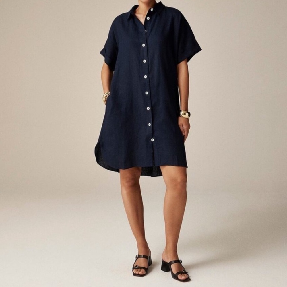 J. Crew Capitaine Shirt Dress in Linen Navy Blue Button Front Size XXS NWOT